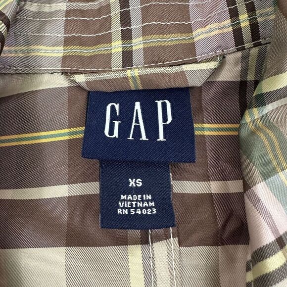 GAP Y2K Multicolor Plaid Lightweight Trench Coat Collared Buttons Size XS Poly - Picture 8 of 14